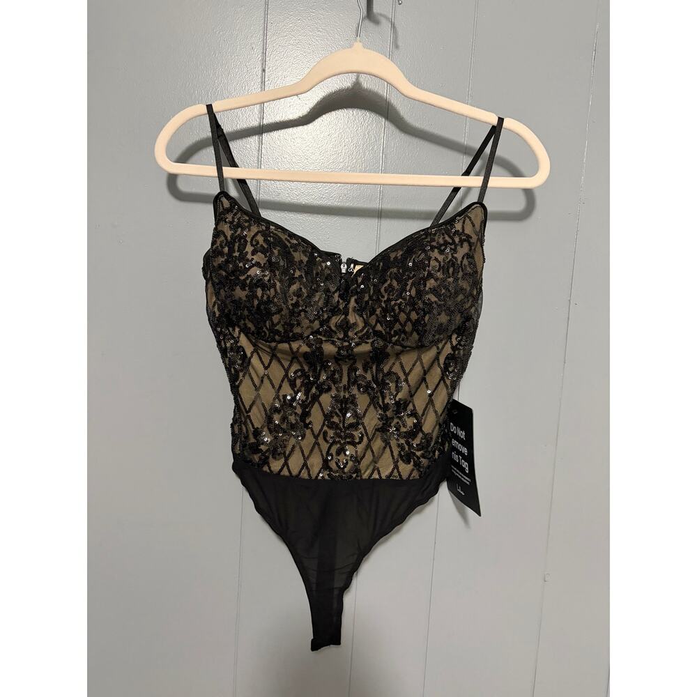 NEW Lulus Purely Passionate Beige and Black Sequin Bustier Bodysuit M - Picture 3 of 8